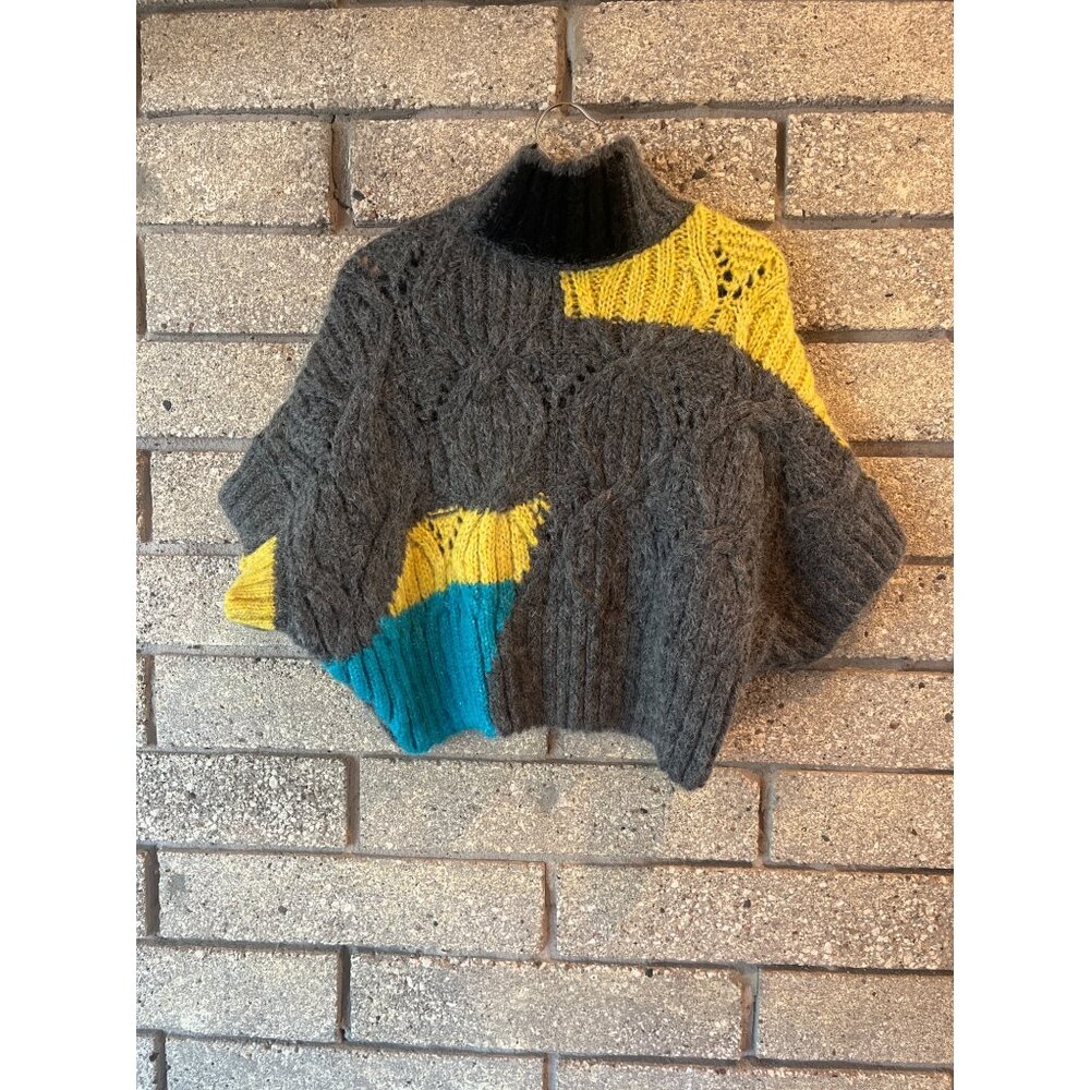 Zara Womens Multicolor Chunky Knit Poncho Sweater W/ Cable Pattern & Turtleneck